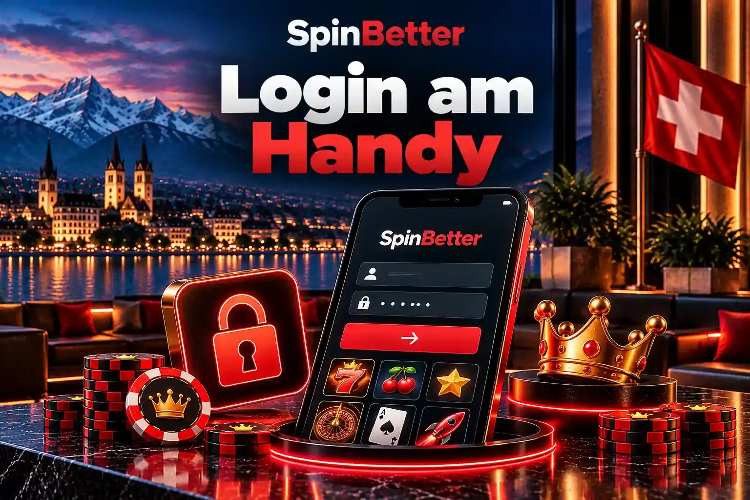 Smartphone mit der Anmeldemaske und Spielsymbolen darunter